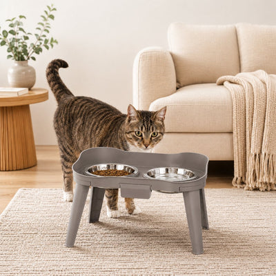 Malloren Elevated Pet Feeder with Spill Guard for Cats & Dogs - Raised Dual Stainless Steel Bowls for Cleaner Floors