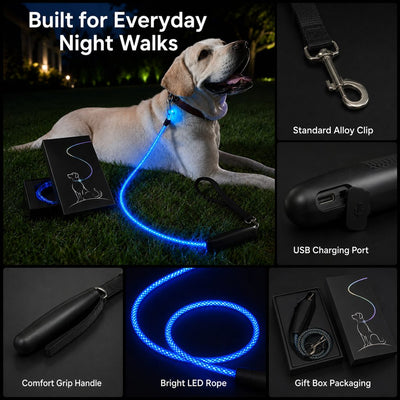 Malloren NightGlow LED Light-Up Dog Leash for Night Walks - USB Rechargeable Safety Leash That Helps Your Dog Stay Visible in the Dark