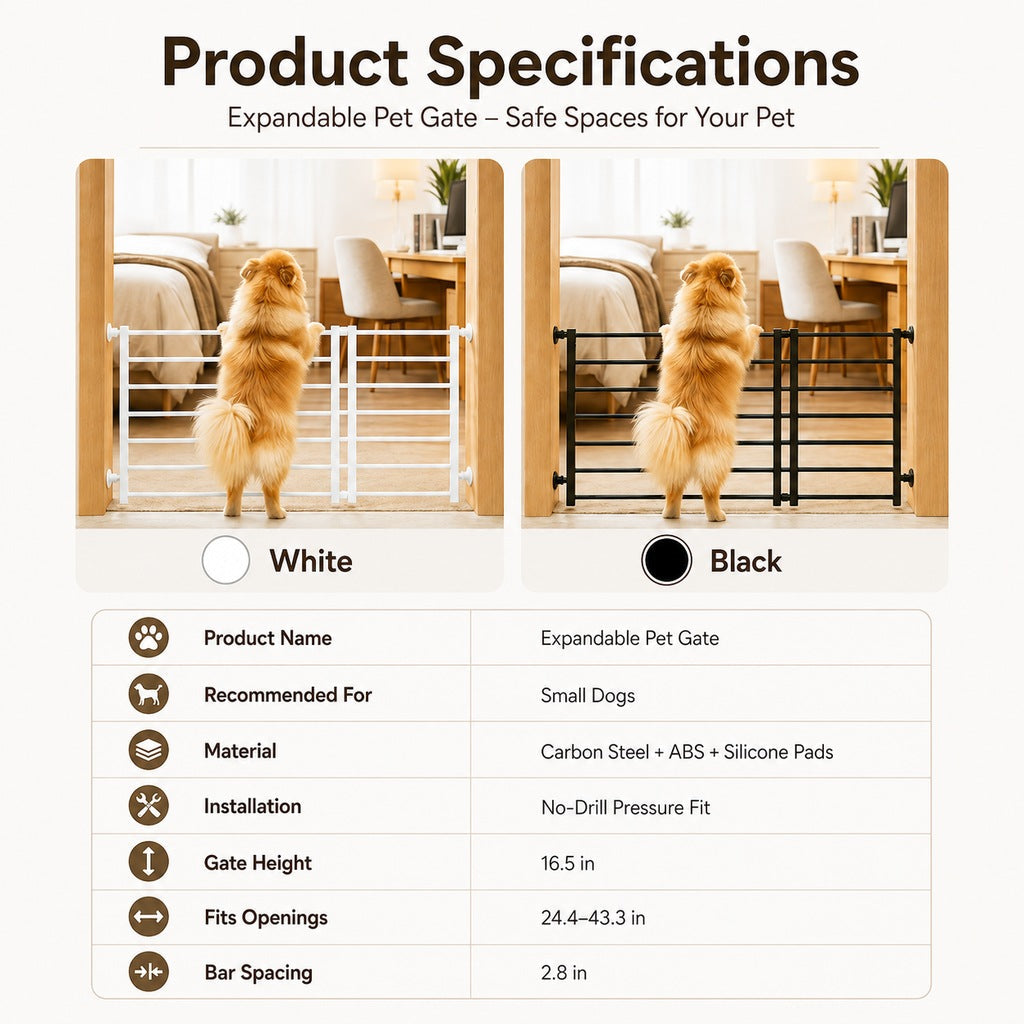 Malloren No-Drill Expandable Pet Gate for Doorways - Adjustable Indoor Barrier for Small Dogs