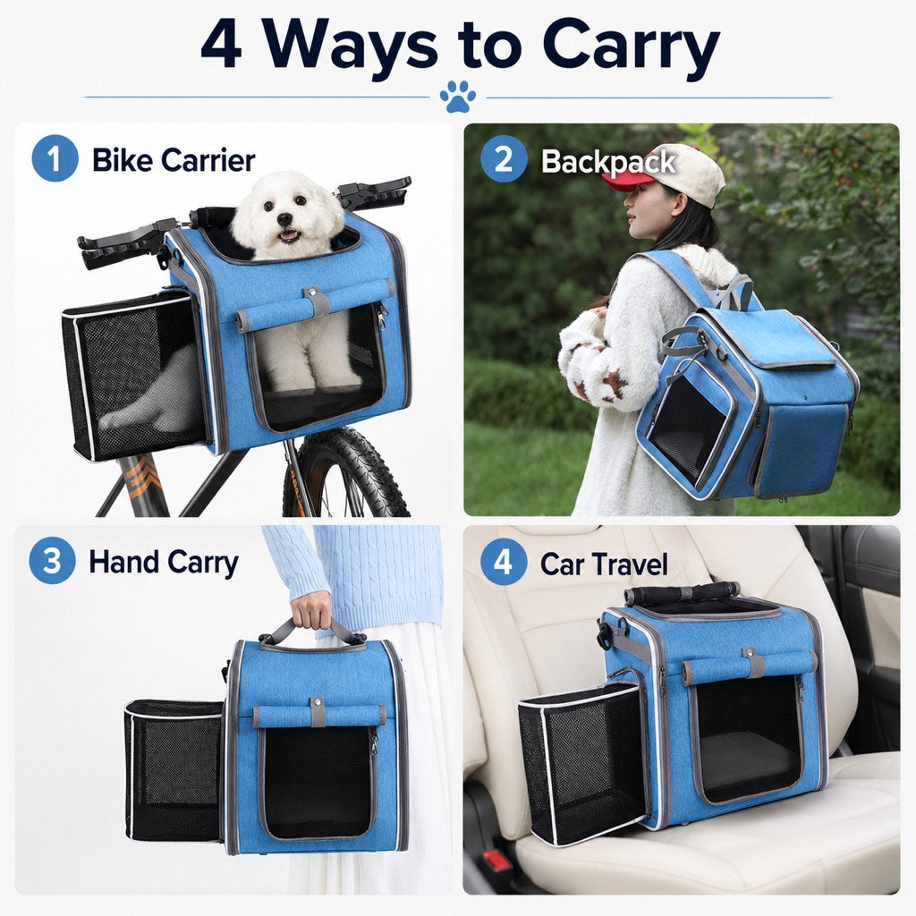 Malloren 4-in-1 Expandable Bike Pet Carrier Backpack for Cats &Small Dogs - Hands-Free Rides, Car Travel & Vet Trips with Extra Breathing Room