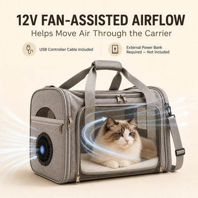 Malloren Fan-Assisted Pet Carrier for Vet Visits & Road Trips - Ventilated Travel Bag for Cats & Small Dogs