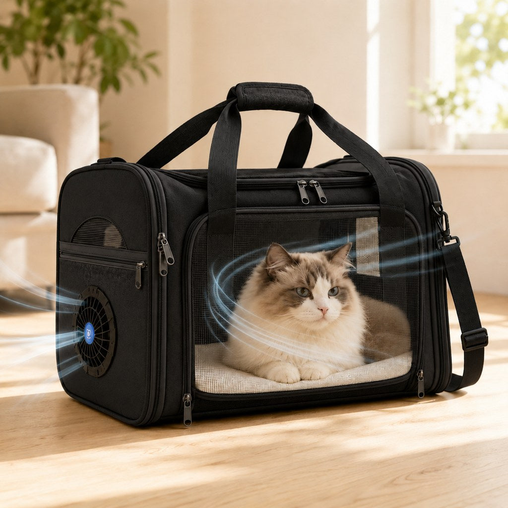 Malloren Fan-Assisted Pet Carrier for Vet Visits & Road Trips - Ventilated Travel Bag for Cats & Small Dogs