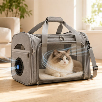 Malloren Fan-Assisted Pet Carrier for Vet Visits & Road Trips - Ventilated Travel Bag for Cats & Small Dogs