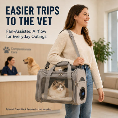 Malloren Fan-Assisted Pet Carrier for Vet Visits & Road Trips - Ventilated Travel Bag for Cats & Small Dogs