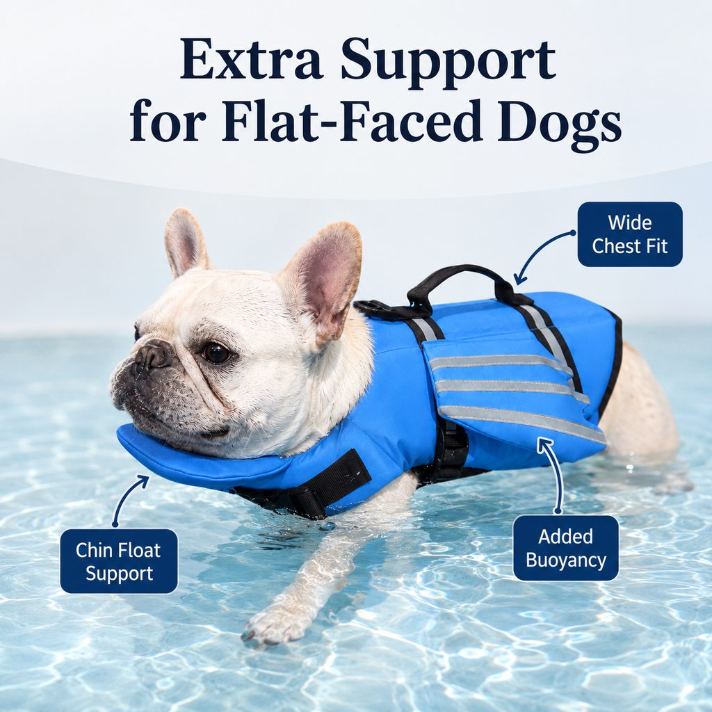 Malloren French Bulldog Pool & Beach Reflective Angel-Wing Dog Life Jacket - Chin Float Support for Flat-Faced Dogs