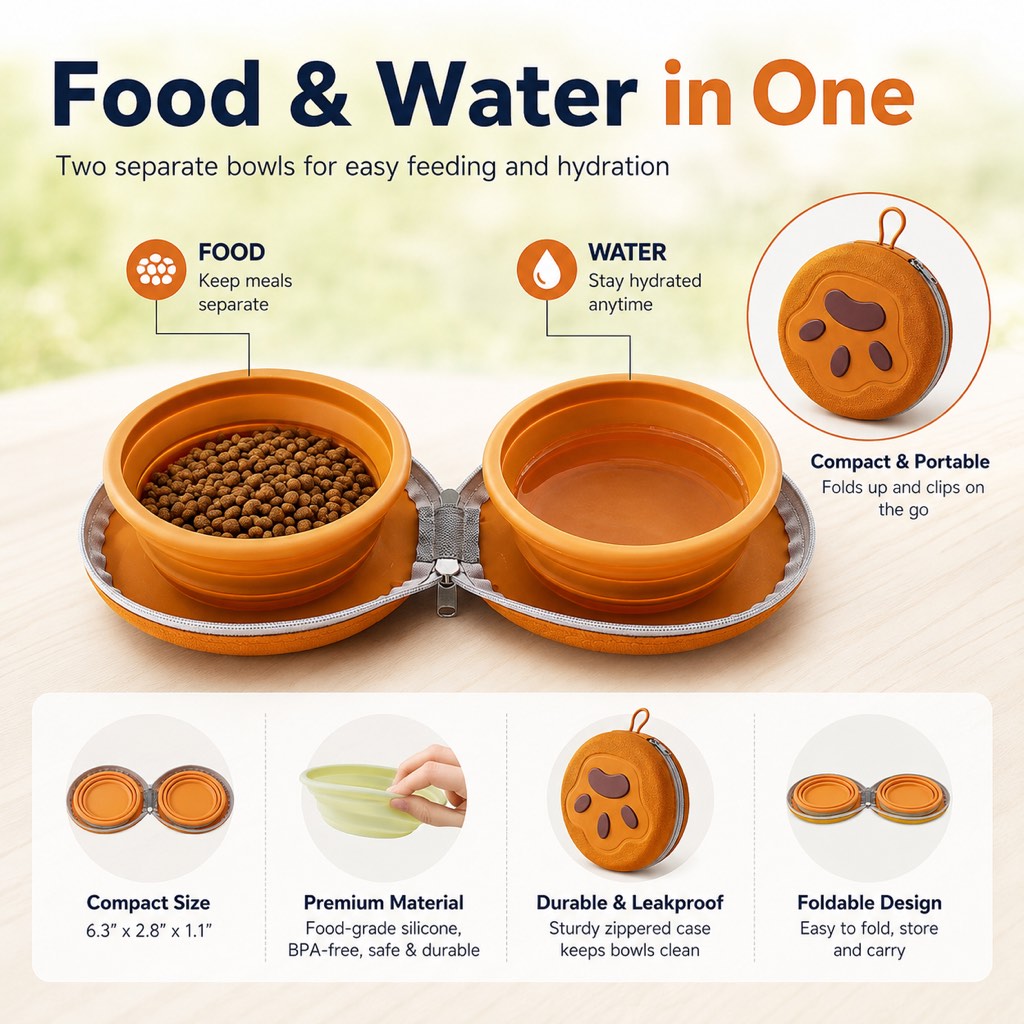 Malloren 2-in-1 Collapsible Pet Travel Bowl for Walks, Parks & Road Trips - Feed and Hydrate Small Dogs or Cats Anywhere