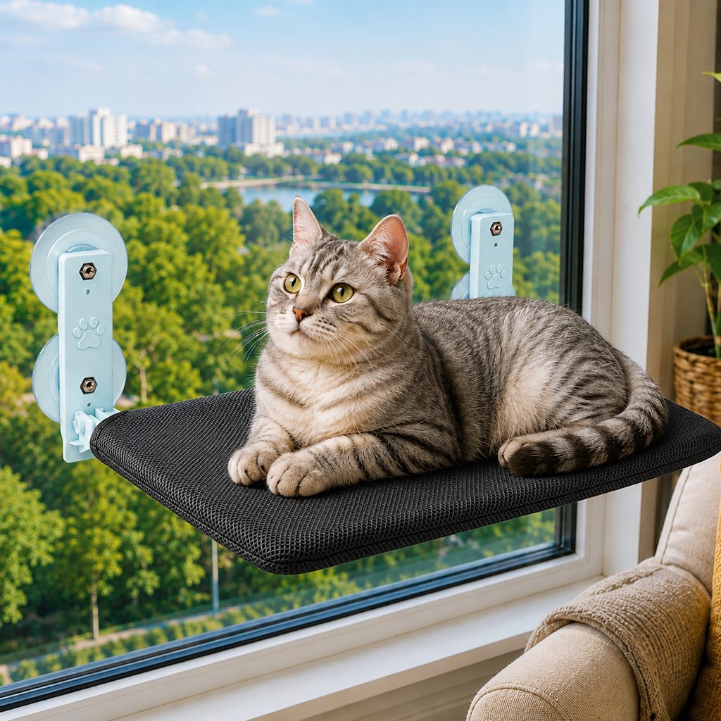 Malloren Foldable Cat Window Hammock for Apartments - No-Drill Suction Perch for Sunny Naps Without Taking Up Floor Space