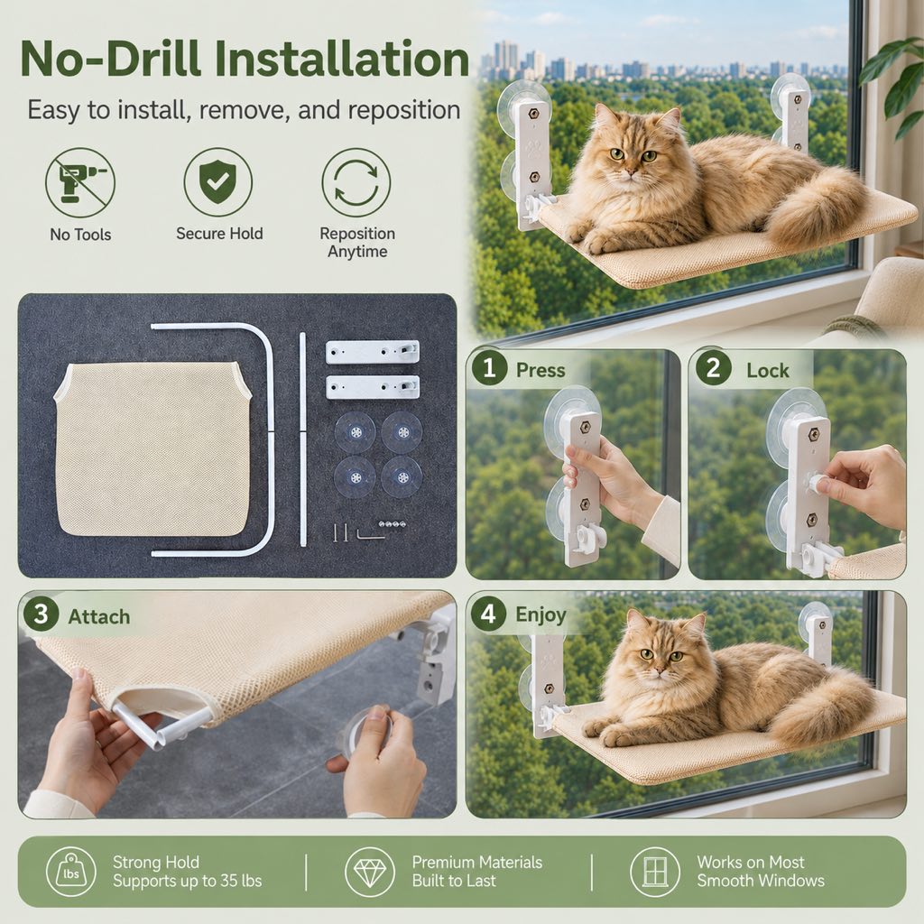 Malloren Foldable Cat Window Hammock for Apartments - No-Drill Suction Perch for Sunny Naps Without Taking Up Floor Space