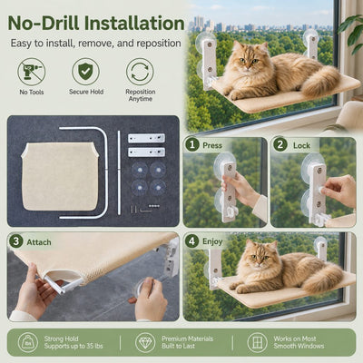 Malloren Foldable Cat Window Hammock for Apartments - No-Drill Suction Perch for Sunny Naps Without Taking Up Floor Space