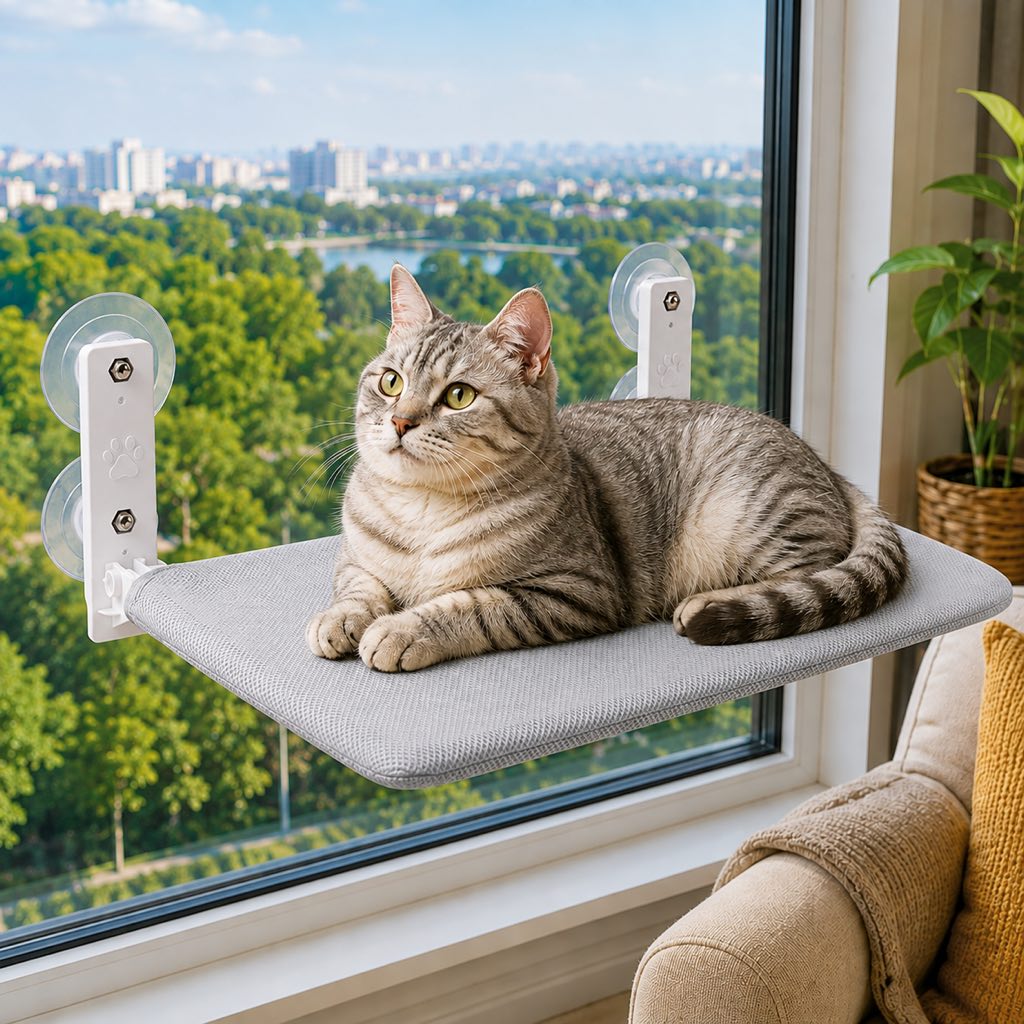 Malloren Foldable Cat Window Hammock for Apartments - No-Drill Suction Perch for Sunny Naps Without Taking Up Floor Space