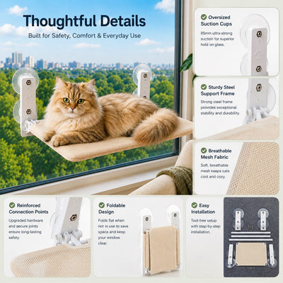 Malloren Foldable Cat Window Hammock for Apartments - No-Drill Suction Perch for Sunny Naps Without Taking Up Floor Space