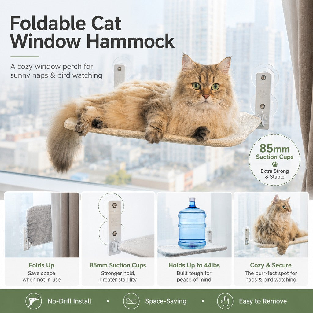 Malloren Foldable Cat Window Hammock for Apartments - No-Drill Suction Perch for Sunny Naps Without Taking Up Floor Space