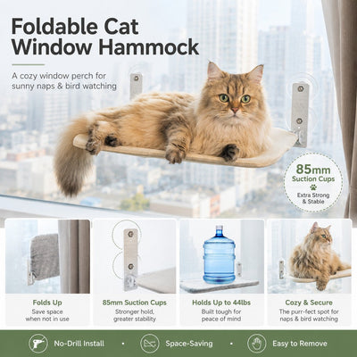 Malloren Foldable Cat Window Hammock for Apartments - No-Drill Suction Perch for Sunny Naps Without Taking Up Floor Space