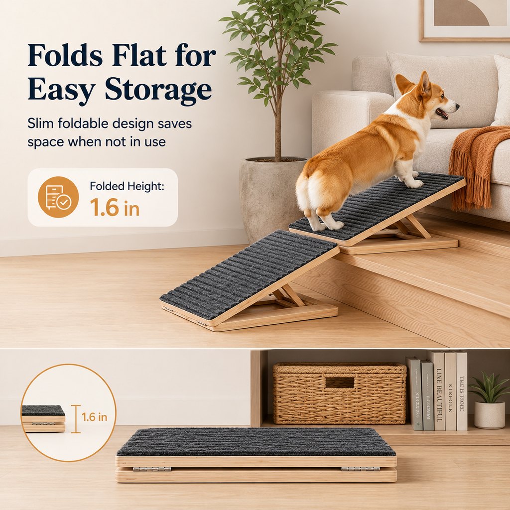 Malloren Foldable Wooden Dog Stairs for Small Dogs - Non-Slip Pet Ramp for Sofa, Bed & Indoor Steps