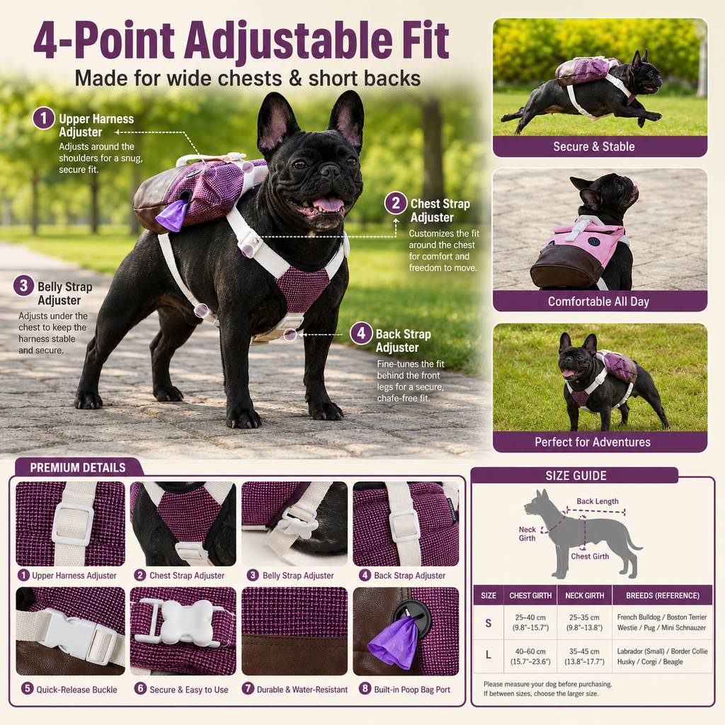 Malloren Frenchie Adventure Backpack Harness for Daily Walks - Carry Poop Bags, Treats & Keys Without Neck Pulling