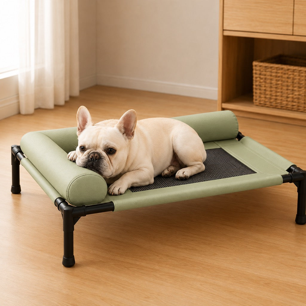 Malloren French Bulldog Elevated Dog Cot for All-Season Indoor Naps - Breathable Raised Pet Bed with Soft Bolsters for Cooler Rest & Easy Cleaning