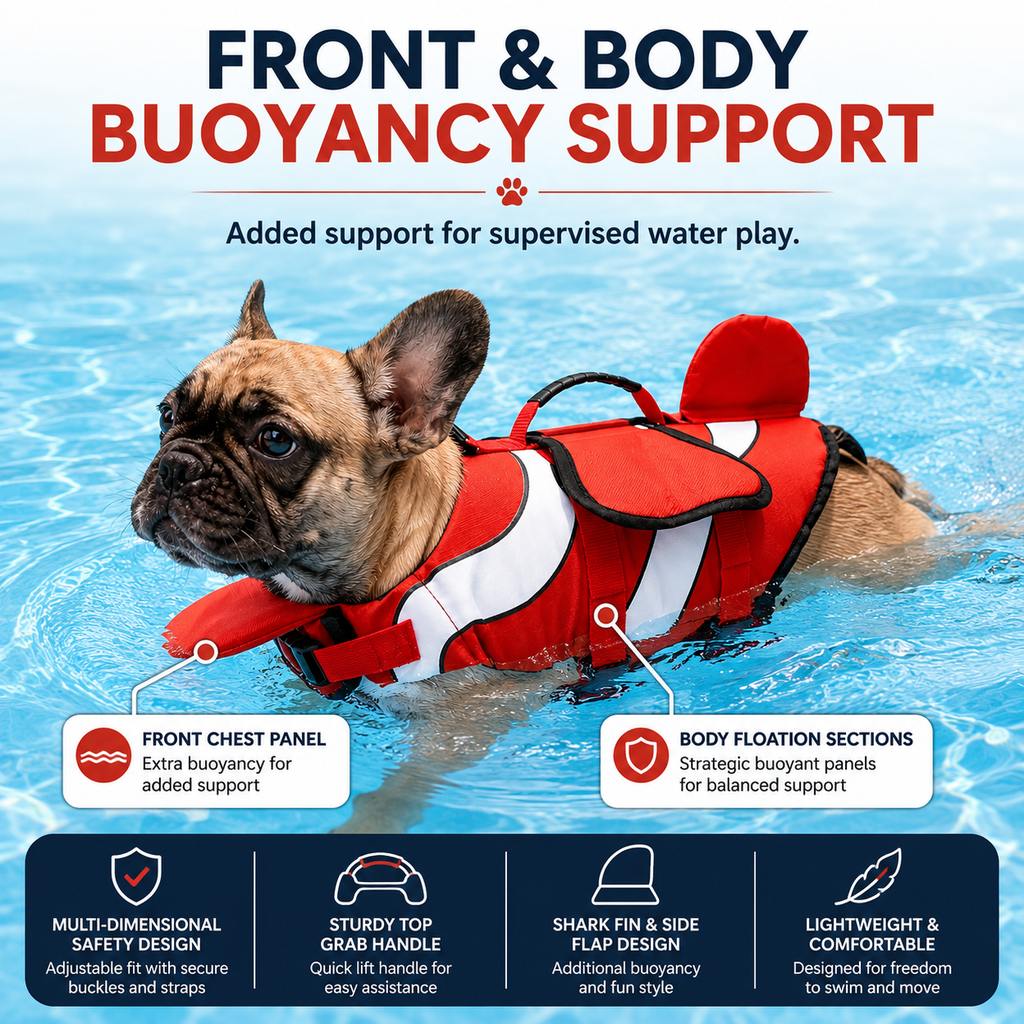 Malloren French Bulldog Life Jacket for Pool, Beach & Boating - Adjustable Flotation Vest with Chin Support & Grab Handle