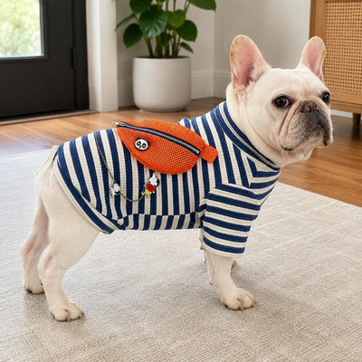 Malloren French Bulldog Striped Pocket Pullover for Cool Indoor Spaces & Easy Walks - Broad-Chest Sizing