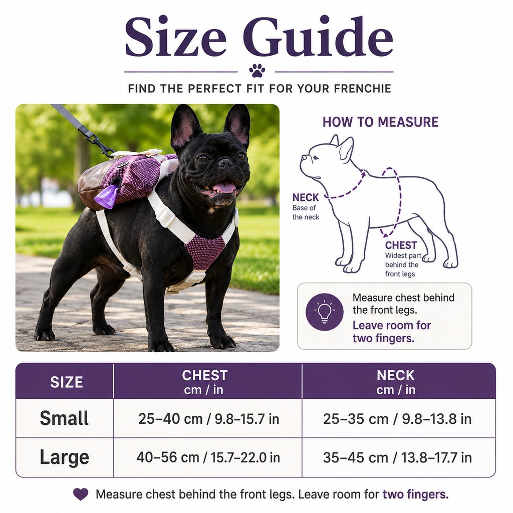 Malloren Frenchie Adventure Backpack Harness for Daily Walks - Carry Poop Bags, Treats & Keys Without Neck Pulling