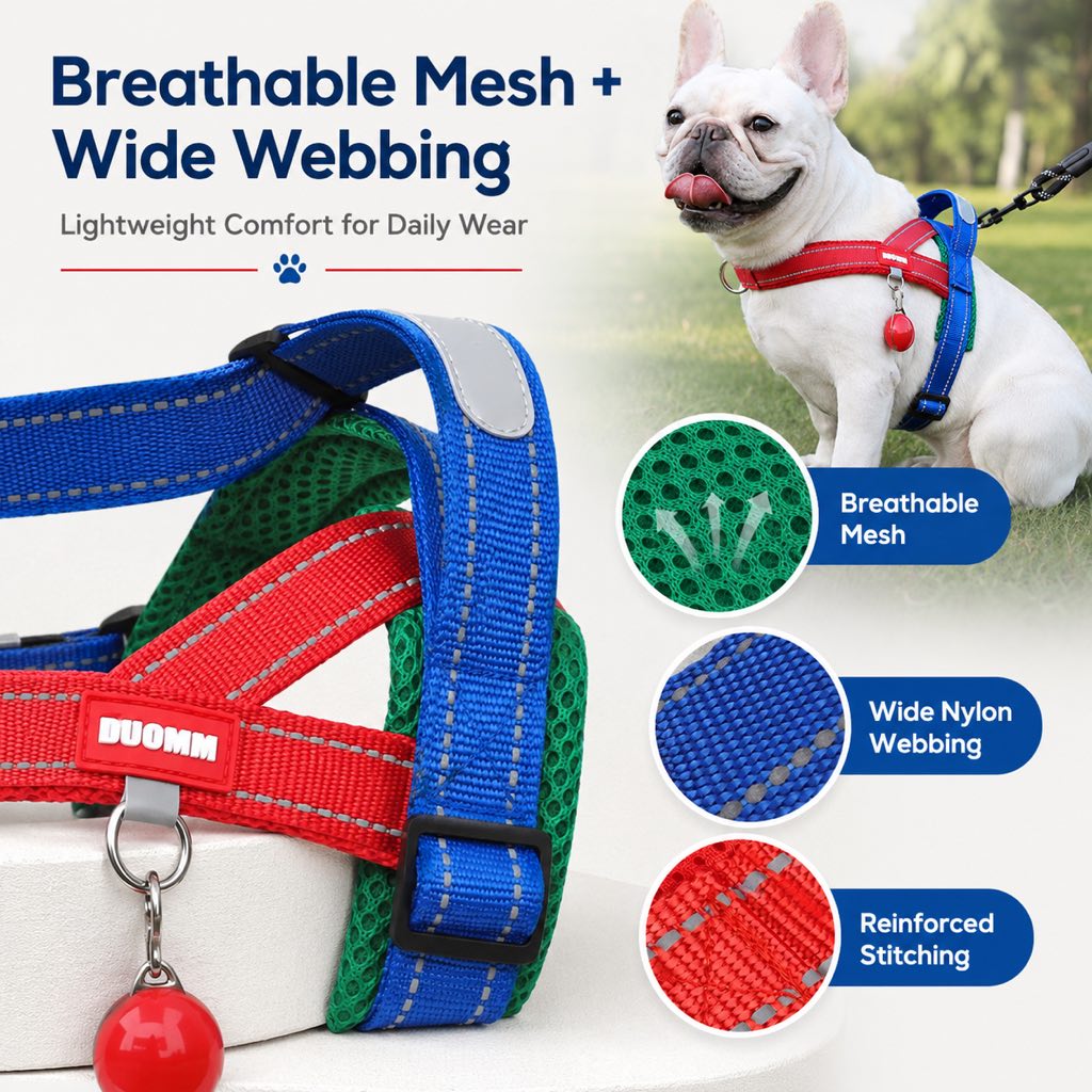 Malloren No-Choke French Bulldog Harness & Leash Set for Daily Walks - Reflective, Easy-Control Fit for Broad-Chest Dogs