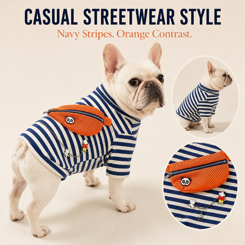Malloren French Bulldog Striped Pocket Pullover for Cool Indoor Spaces & Easy Walks - Broad-Chest Sizing