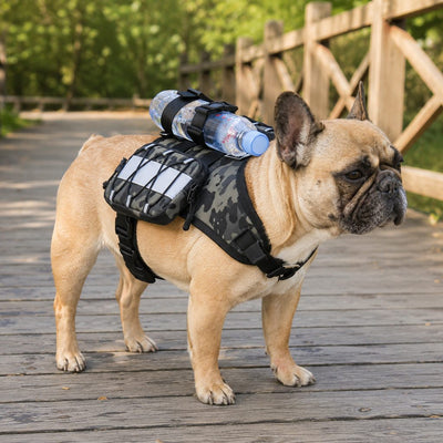Malloren Frenchie Tactical Dog Vest Backpack for Daily Walks - Reflective Small Dog Harness with Water Bottle Holder & Side Pockets