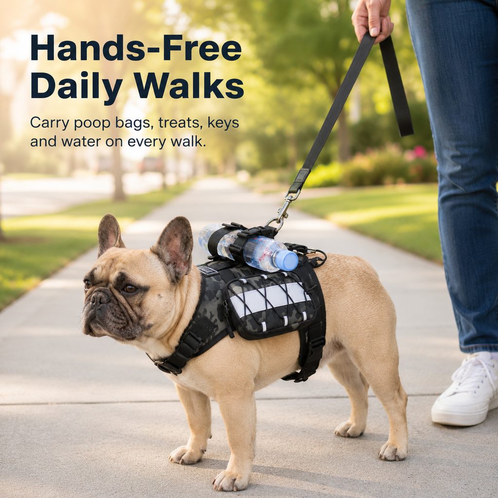 Malloren Frenchie Tactical Dog Vest Backpack for Daily Walks - Reflective Small Dog Harness with Water Bottle Holder & Side Pockets