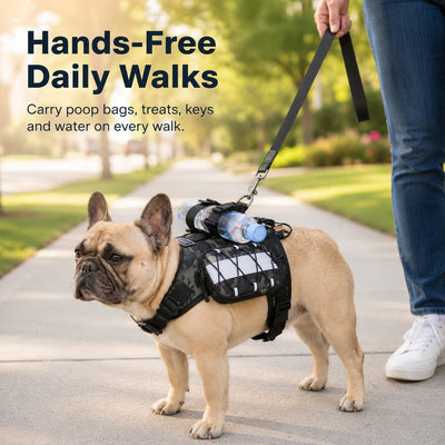 Malloren Frenchie Tactical Dog Vest Backpack for Daily Walks - Reflective Small Dog Harness with Water Bottle Holder & Side Pockets