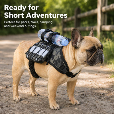 Malloren Frenchie Tactical Dog Vest Backpack for Daily Walks - Reflective Small Dog Harness with Water Bottle Holder & Side Pockets