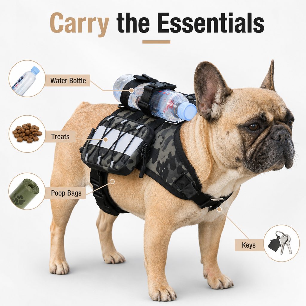 Malloren Frenchie Tactical Dog Vest Backpack for Daily Walks - Reflective Small Dog Harness with Water Bottle Holder & Side Pockets