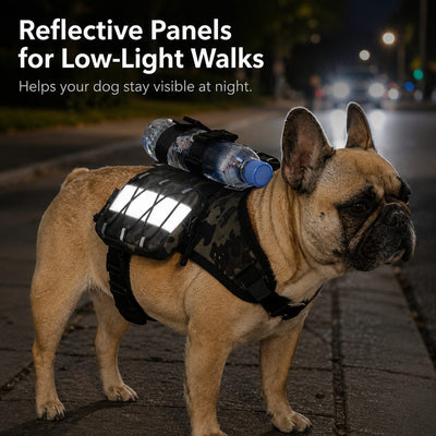 Malloren Frenchie Tactical Dog Vest Backpack for Daily Walks - Reflective Small Dog Harness with Water Bottle Holder & Side Pockets