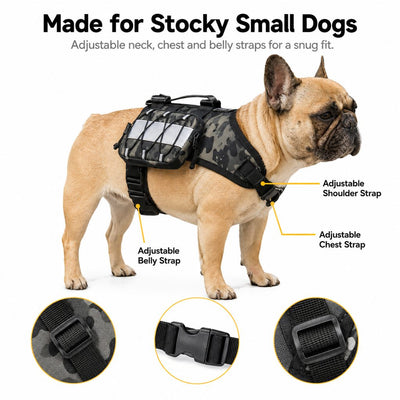Malloren Frenchie Tactical Dog Vest Backpack for Daily Walks - Reflective Small Dog Harness with Water Bottle Holder & Side Pockets