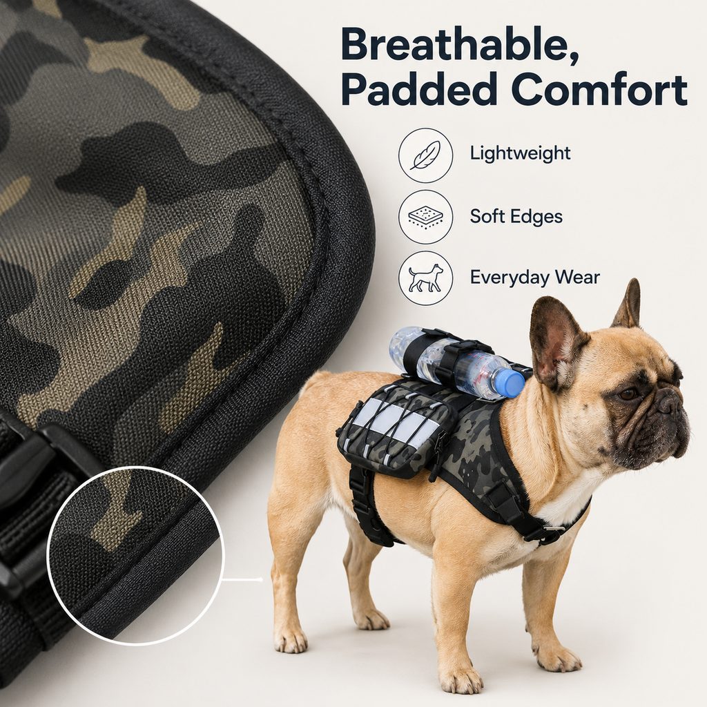 Malloren Frenchie Tactical Dog Vest Backpack for Daily Walks - Reflective Small Dog Harness with Water Bottle Holder & Side Pockets