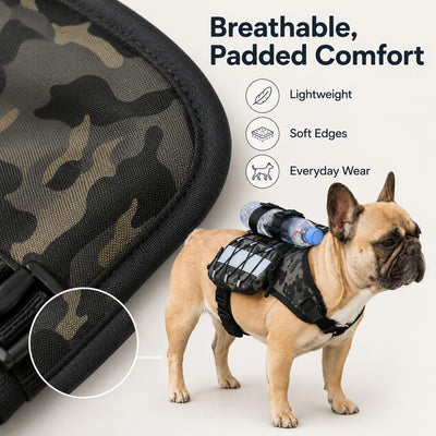 Malloren Frenchie Tactical Dog Vest Backpack for Daily Walks - Reflective Small Dog Harness with Water Bottle Holder & Side Pockets