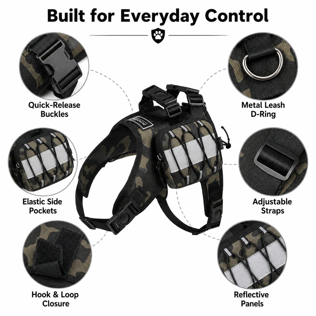 Malloren Frenchie Tactical Dog Vest Backpack for Daily Walks - Reflective Small Dog Harness with Water Bottle Holder & Side Pockets