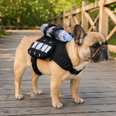 Malloren Frenchie Tactical Dog Vest Backpack for Daily Walks - Reflective Small Dog Harness with Water Bottle Holder & Side Pockets