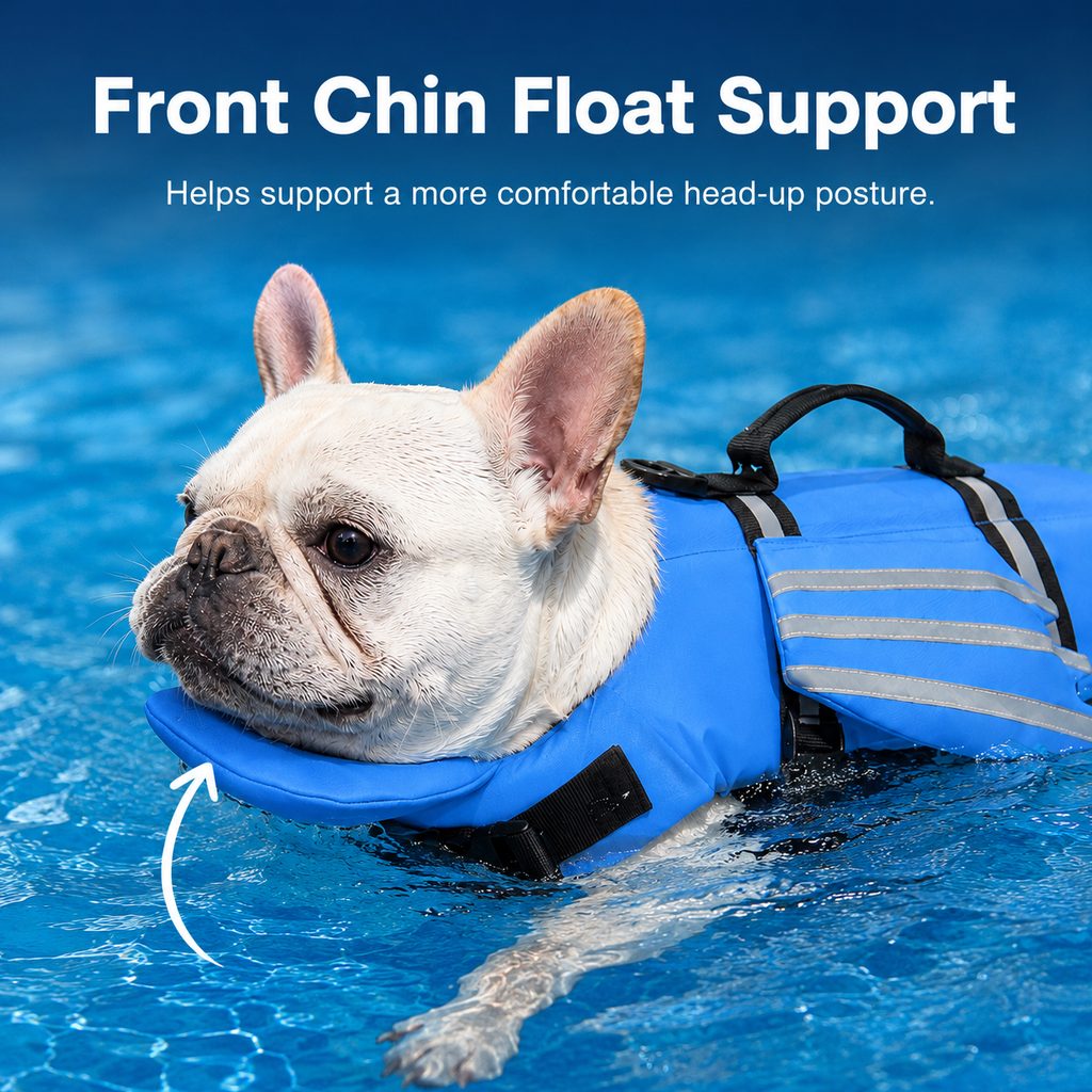 Malloren French Bulldog Pool & Beach Reflective Angel-Wing Dog Life Jacket - Chin Float Support for Flat-Faced Dogs