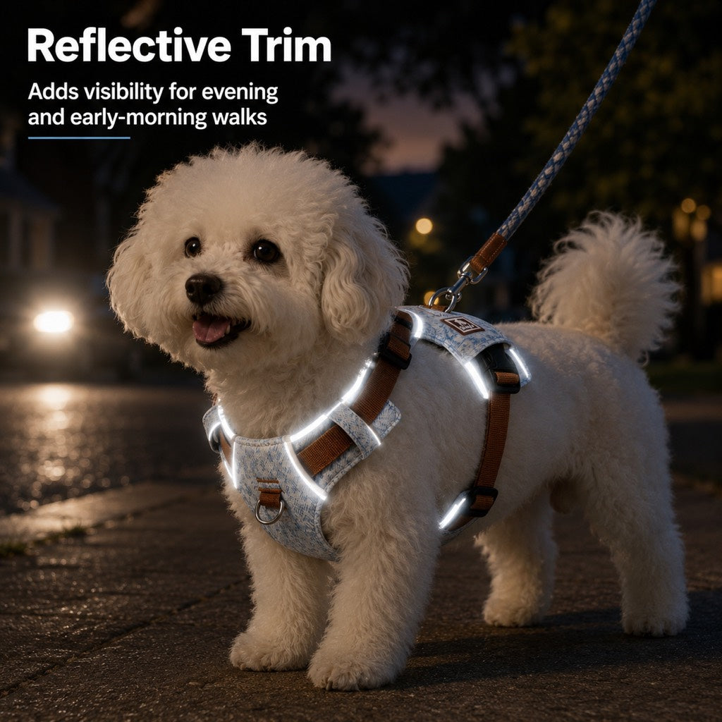 Malloren Vintage Denim No-Pull Dog Harness &5 ft Rope Leash Set - Soft Adjustable Vest for Everyday Walks, Better Control & Low-Light Visibility
