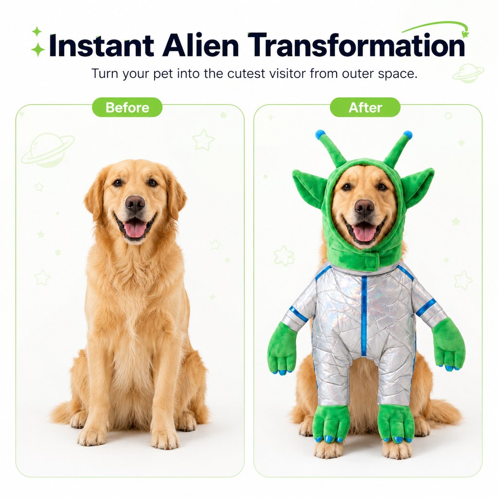 Malloren Green Alien Pet Costume for Dogs & Cats - Funny Halloween Transformation Outfit for Pet Parties, Photoshoots & Costume Events