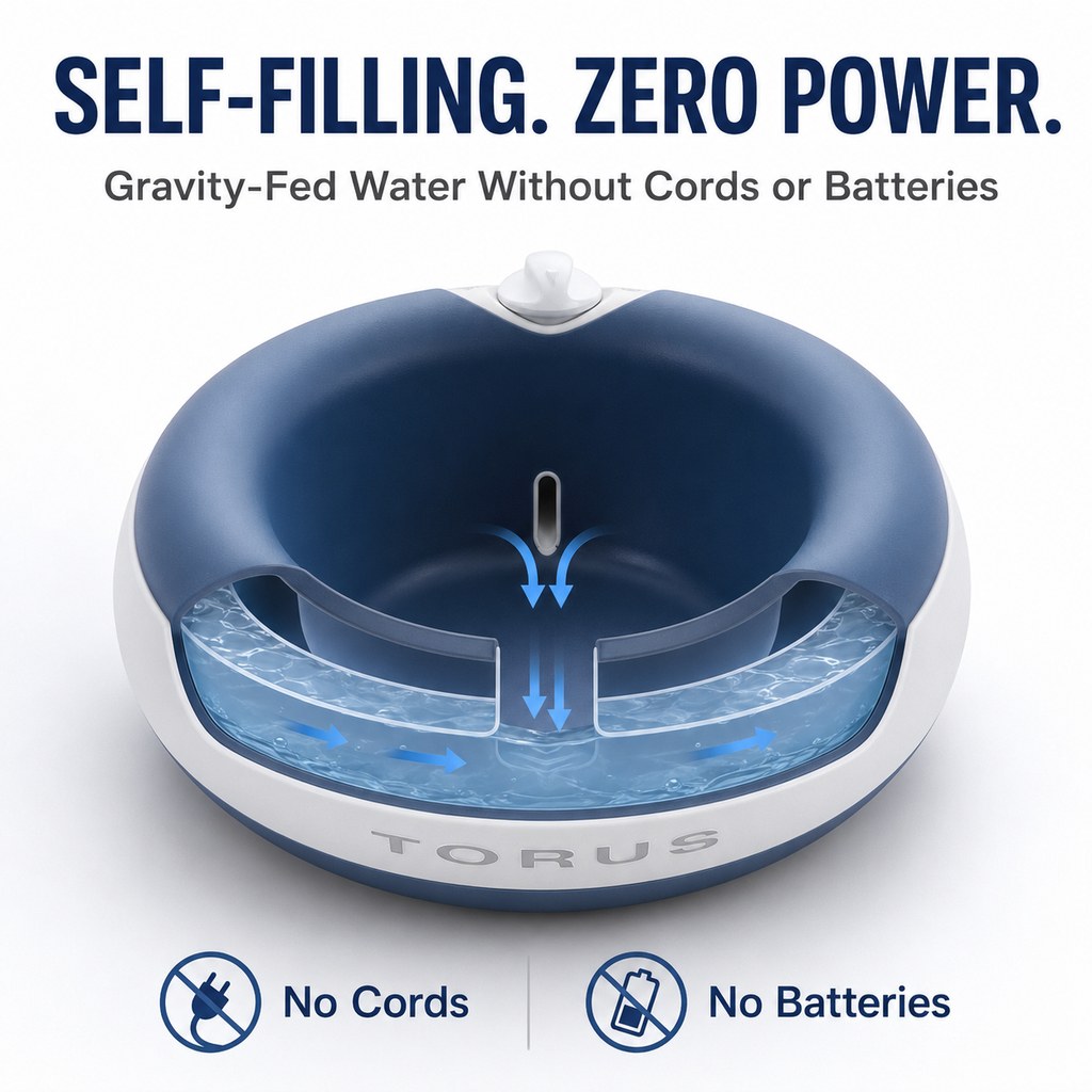 Malloren Cordless Self-Filling Filtered Pet Water Bowl 2L / 68oz - Gravity-Fed Dog & Cat Water Dispenser for Home, Travel & Outdoor Adventures