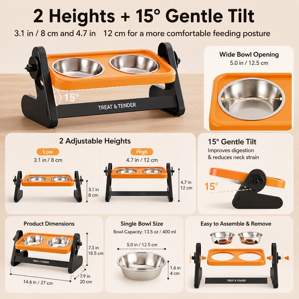 Malloren Adjustable Elevated Stainless Steel Pet Bowls for Cats & Small Dogs - Tilted Feeding Station for Easier Mealtime & Less Floor Mess