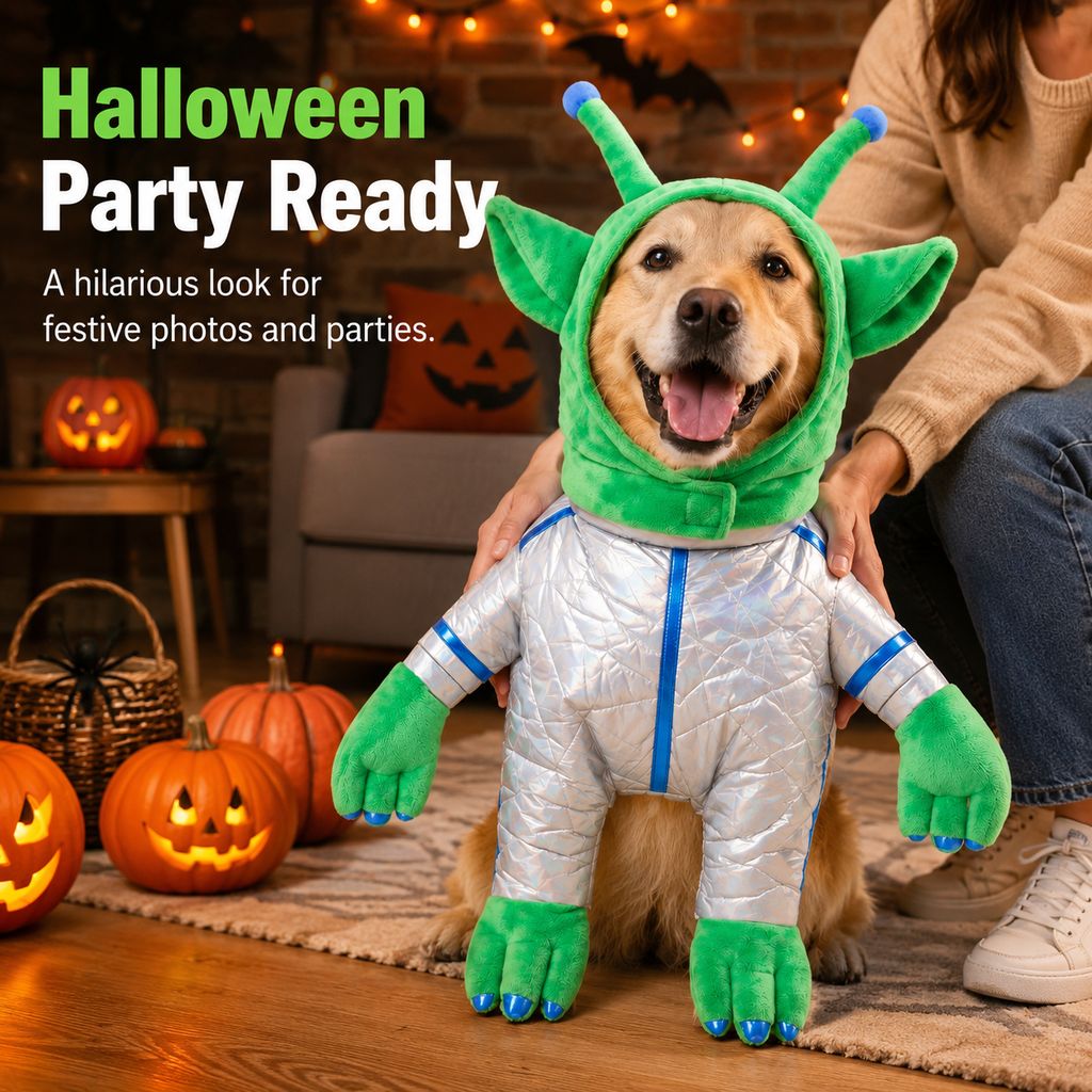 Malloren Green Alien Pet Costume for Dogs & Cats - Funny Halloween Transformation Outfit for Pet Parties, Photoshoots & Costume Events