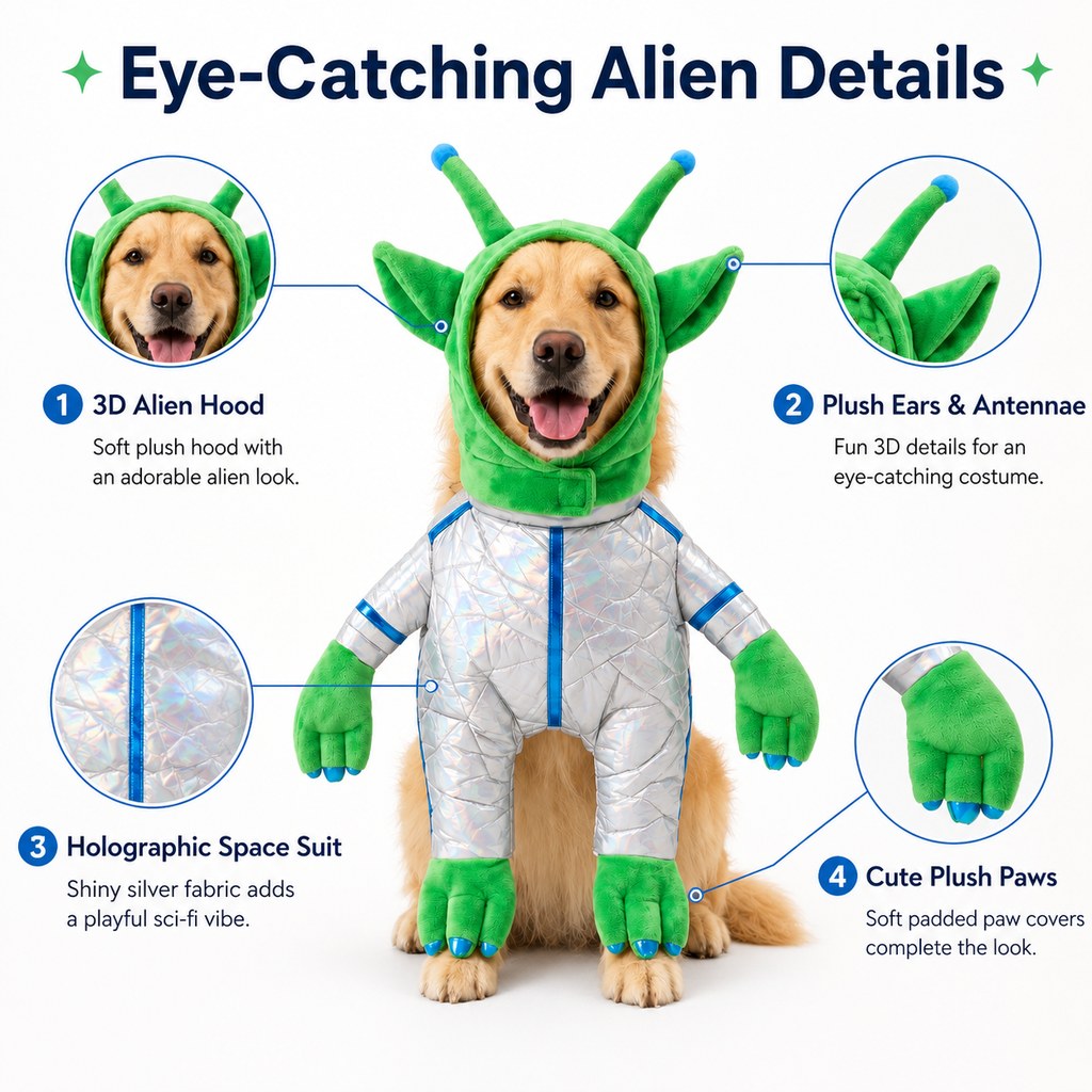 Malloren Green Alien Pet Costume for Dogs & Cats - Funny Halloween Transformation Outfit for Pet Parties, Photoshoots & Costume Events