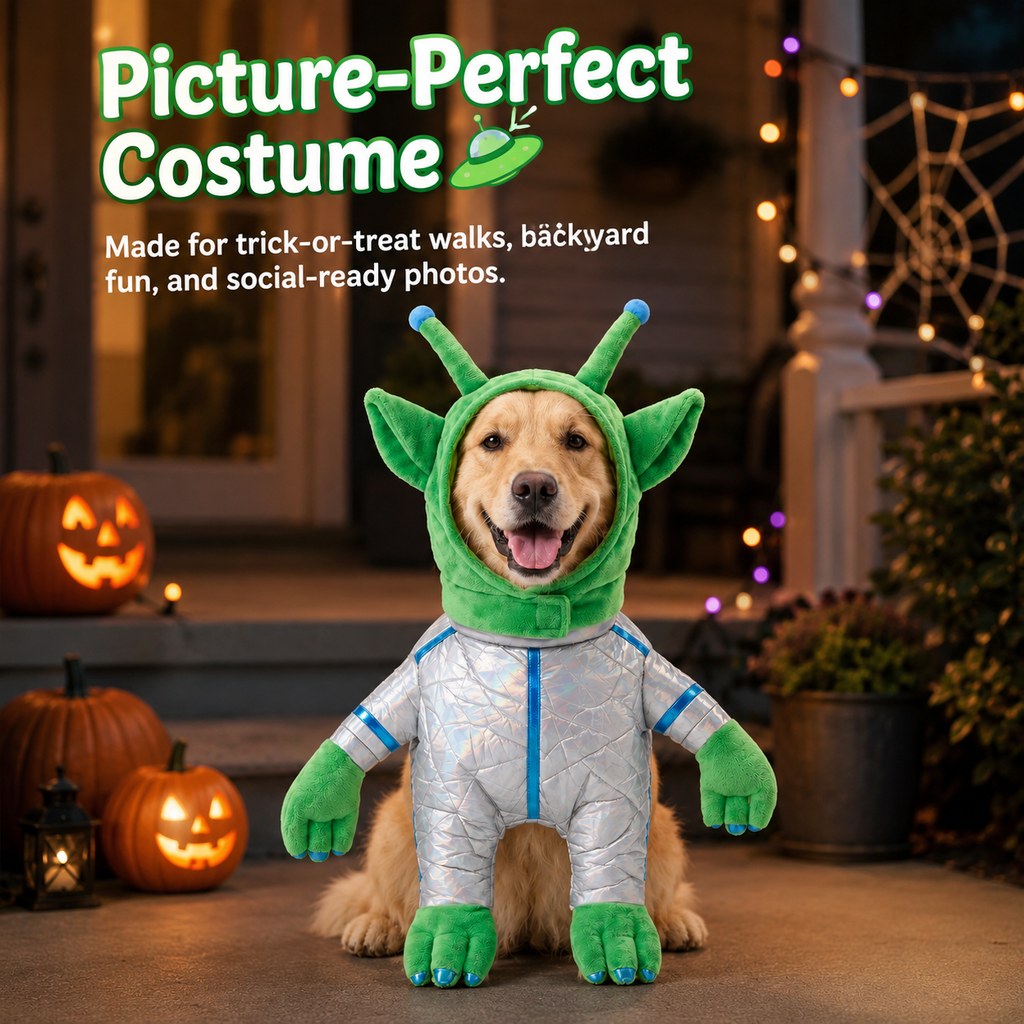 Malloren Green Alien Pet Costume for Dogs & Cats - Funny Halloween Transformation Outfit for Pet Parties, Photoshoots & Costume Events