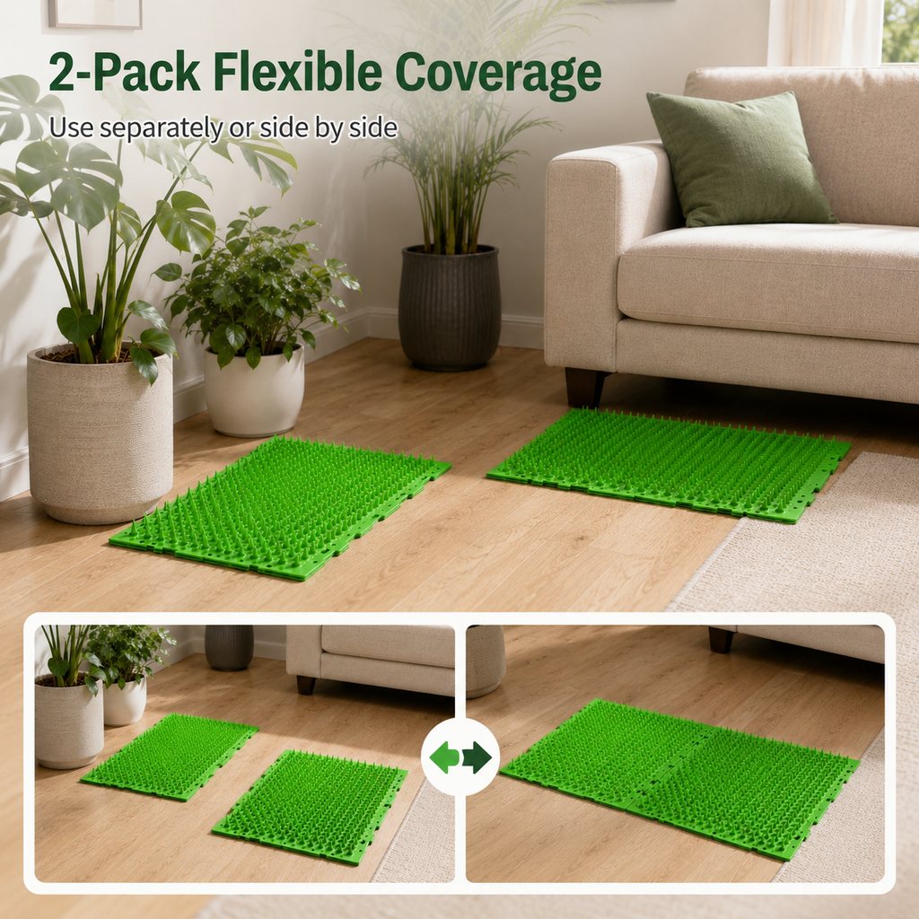 Malloren 2-Pack Green Cut-to-Fit Cat Deterrent Mat for Sofas, Plants & Balconies - Helps Protect Furniture from Scratching, Digging & Curious Paws