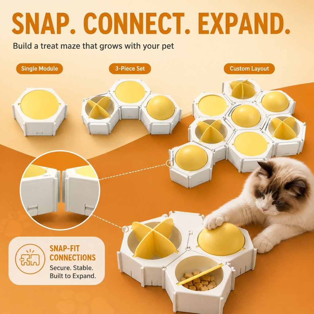 Malloren Modular Cat Puzzle Feeder Toy for Indoor Treat Time - Hexagon Slow Feeder Enrichment Game to Keep Bored Cats Busy