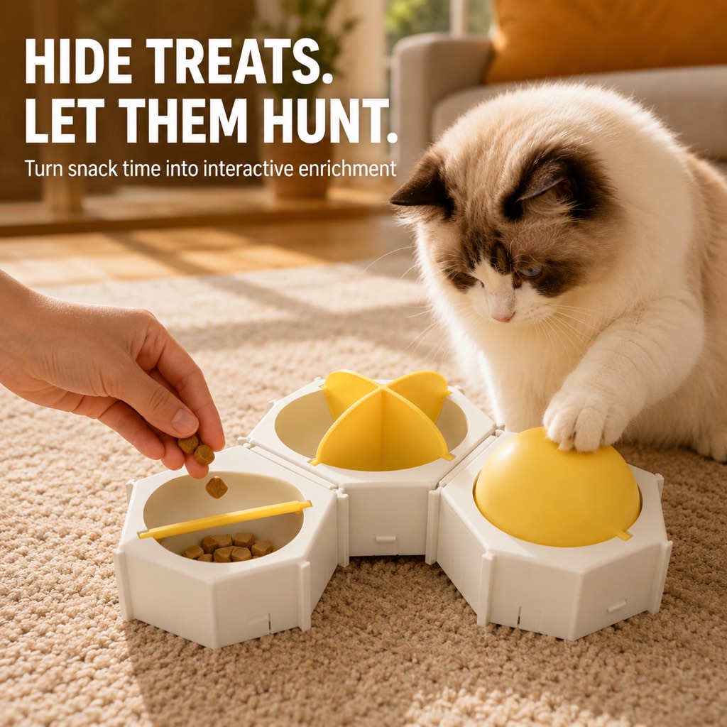 Malloren Modular Cat Puzzle Feeder Toy for Indoor Treat Time - Hexagon Slow Feeder Enrichment Game to Keep Bored Cats Busy