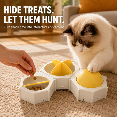 Malloren Modular Cat Puzzle Feeder Toy for Indoor Treat Time - Hexagon Slow Feeder Enrichment Game to Keep Bored Cats Busy