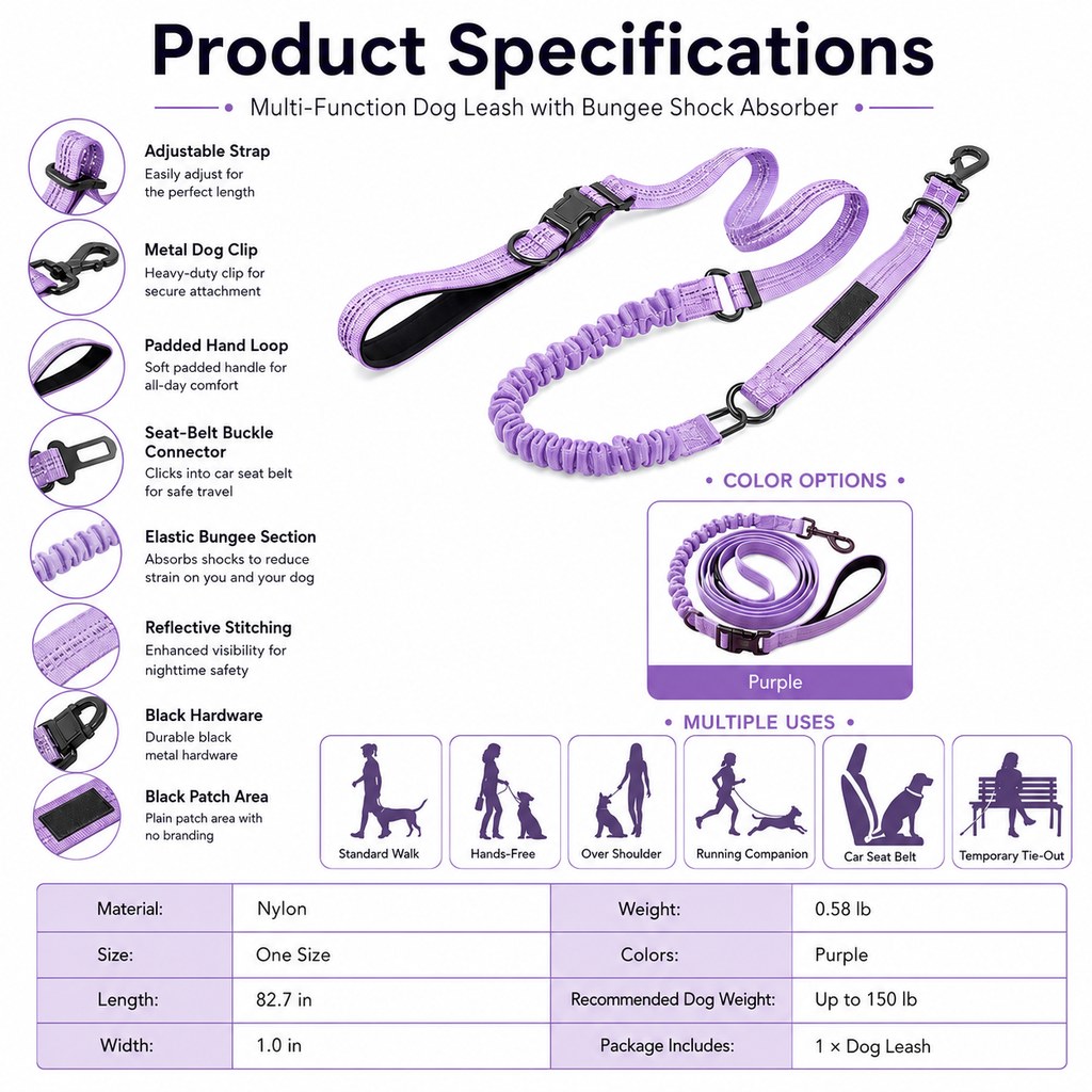Malloren Hands-Free Shock-Absorbing Dog Leash for Running, Walking & Car Travel - Bungee Leash Helps Reduce Pulling