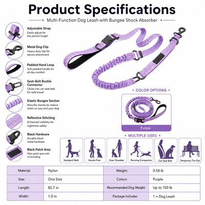 Malloren Hands-Free Shock-Absorbing Dog Leash for Running, Walking & Car Travel - Bungee Leash Helps Reduce Pulling